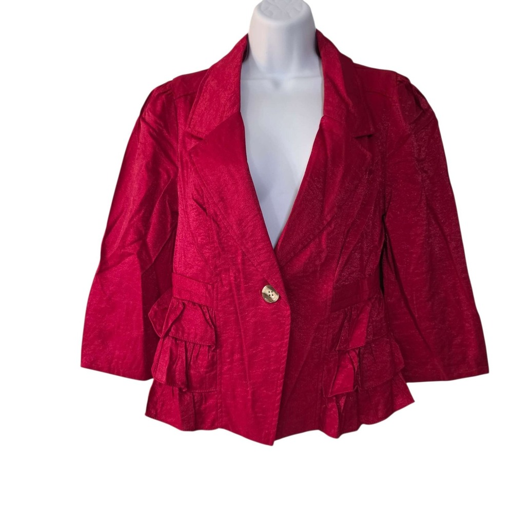 Ambition Women's Red Ruffled Blazer Jacket 3/4 Sleeve Size S Business Power
